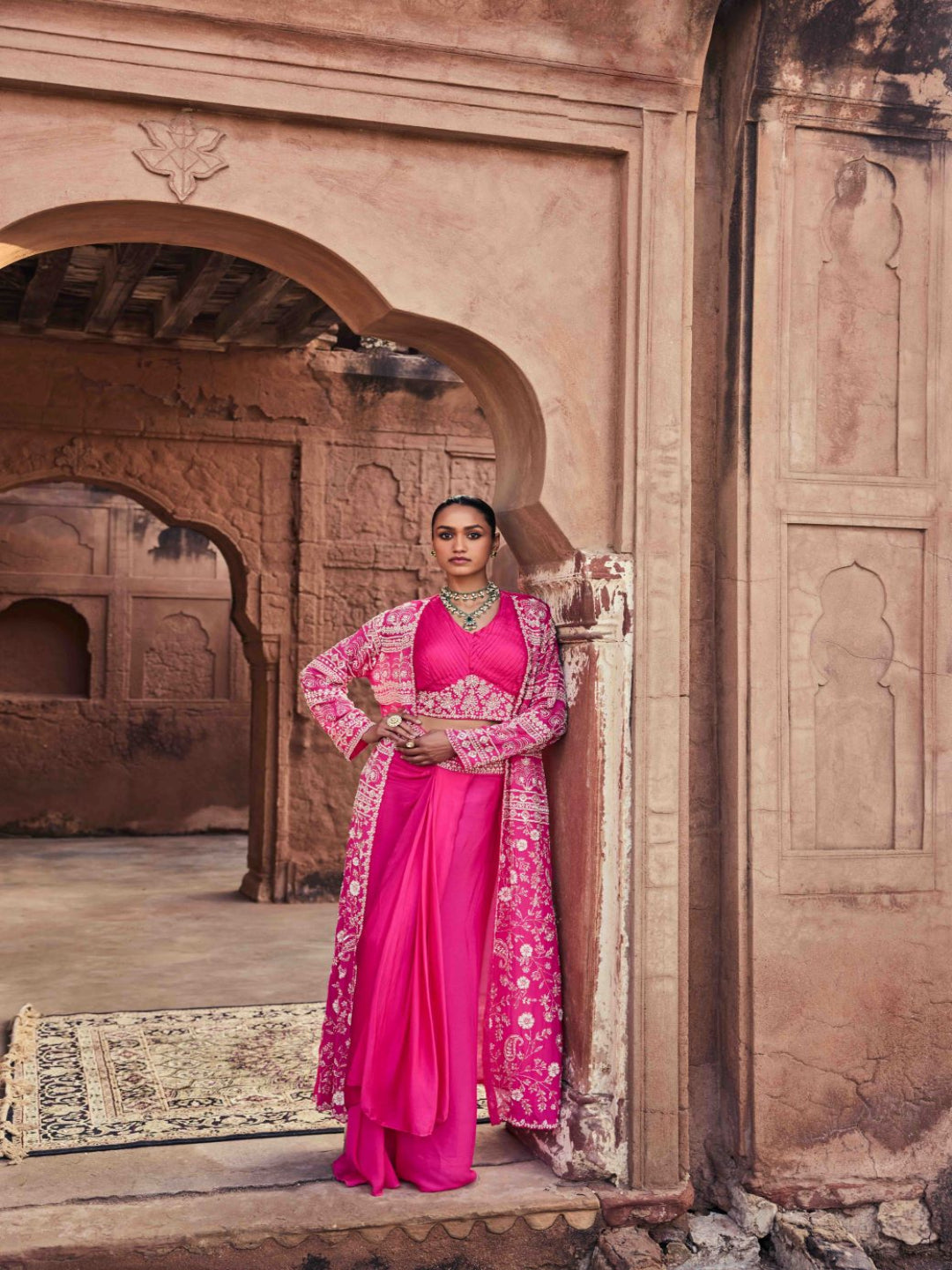 Neerus Pink chinon embellished lehenga ghagra set - front view