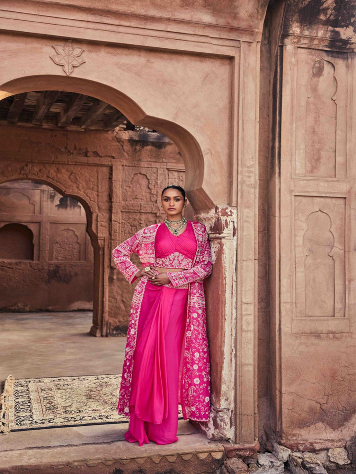 Neerus Pink chinon embellished lehenga ghagra set - front view