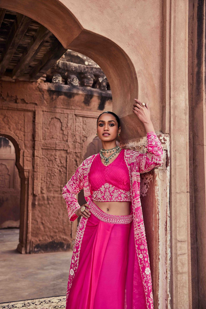Neerus Pink chinon embellished lehenga ghagra set - side view