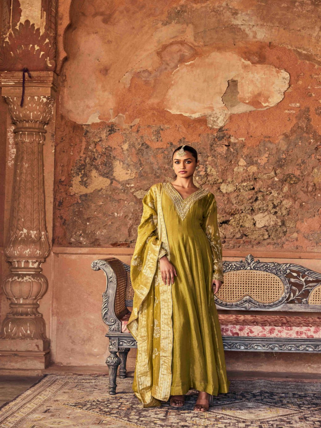 Neerus Green tissue embroidered anarkali with dupatta - front view