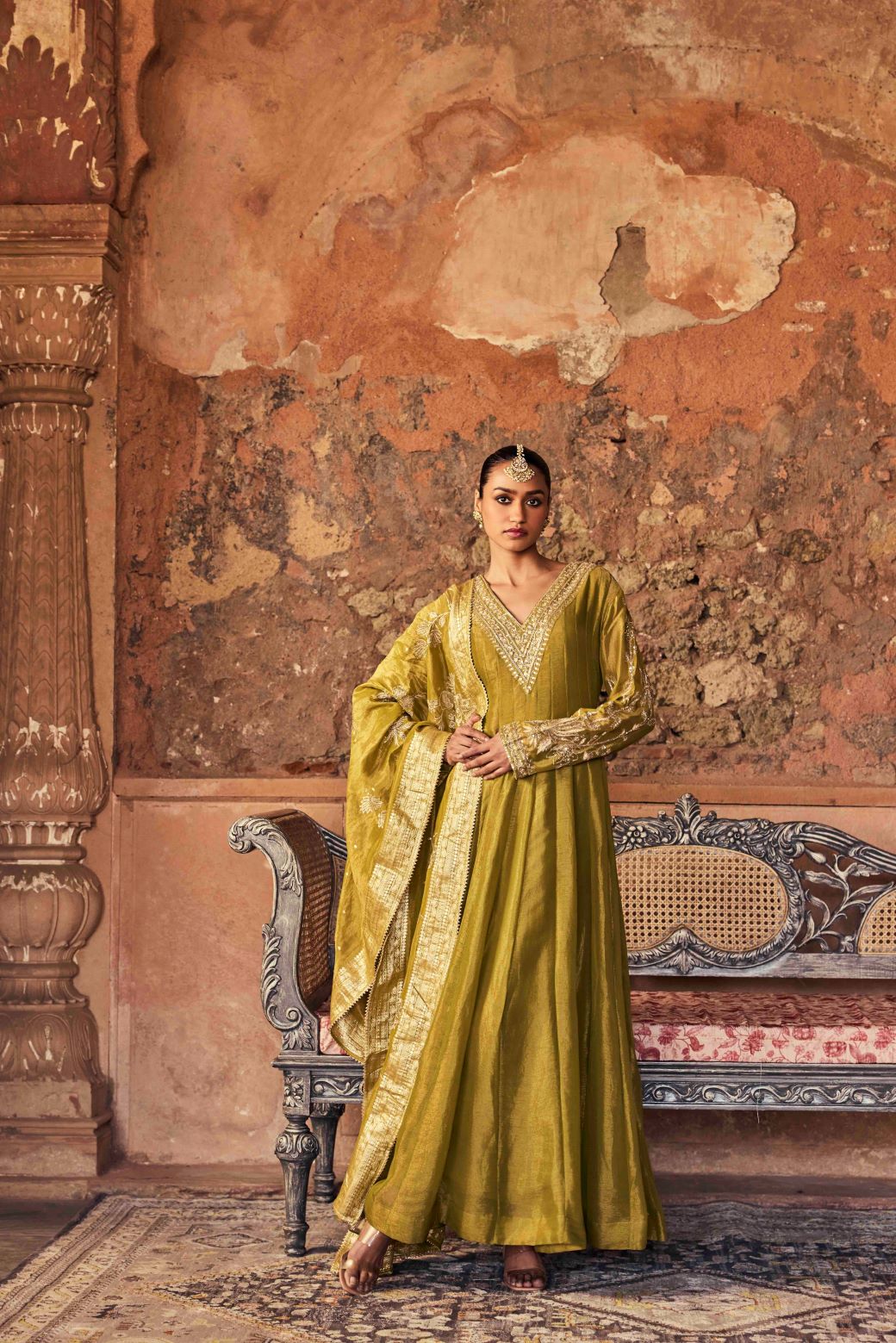 Neerus Green tissue embroidered anarkali with dupatta - back view