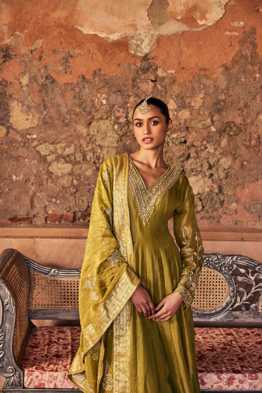 Neerus Green tissue embroidered anarkali with dupatta - detail view 1