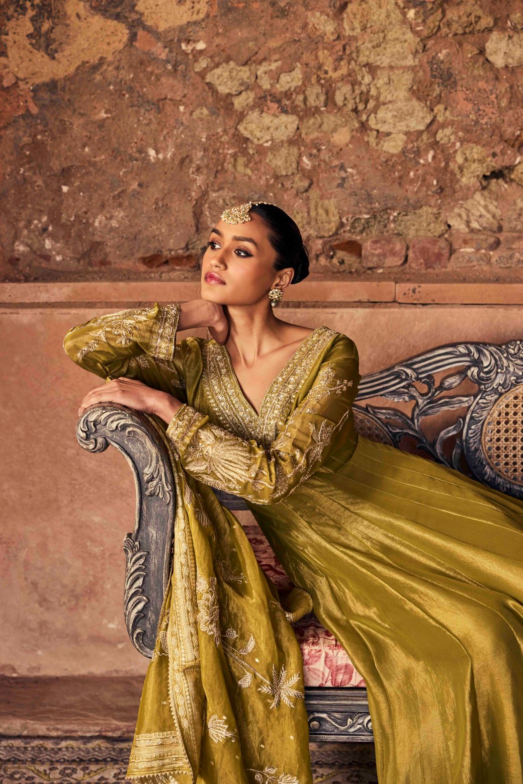 Neerus Green tissue embroidered anarkali with dupatta - detail view 2