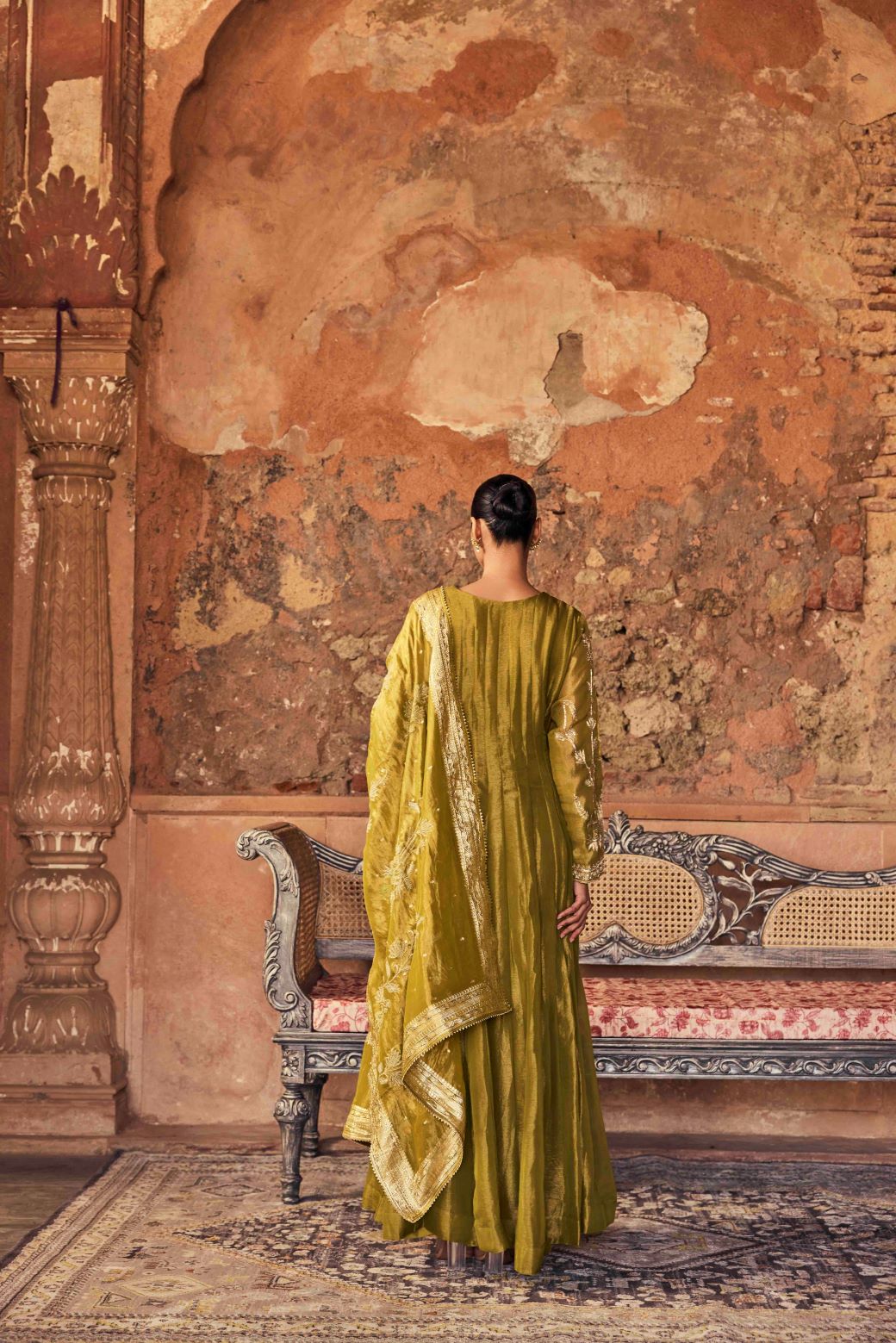 Neerus Green tissue embroidered anarkali with dupatta - side view