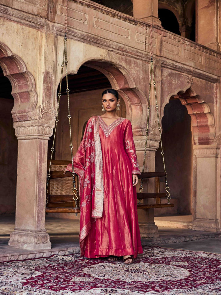 Neerus Red tissue embroidered Anarkali with dupatta - front view