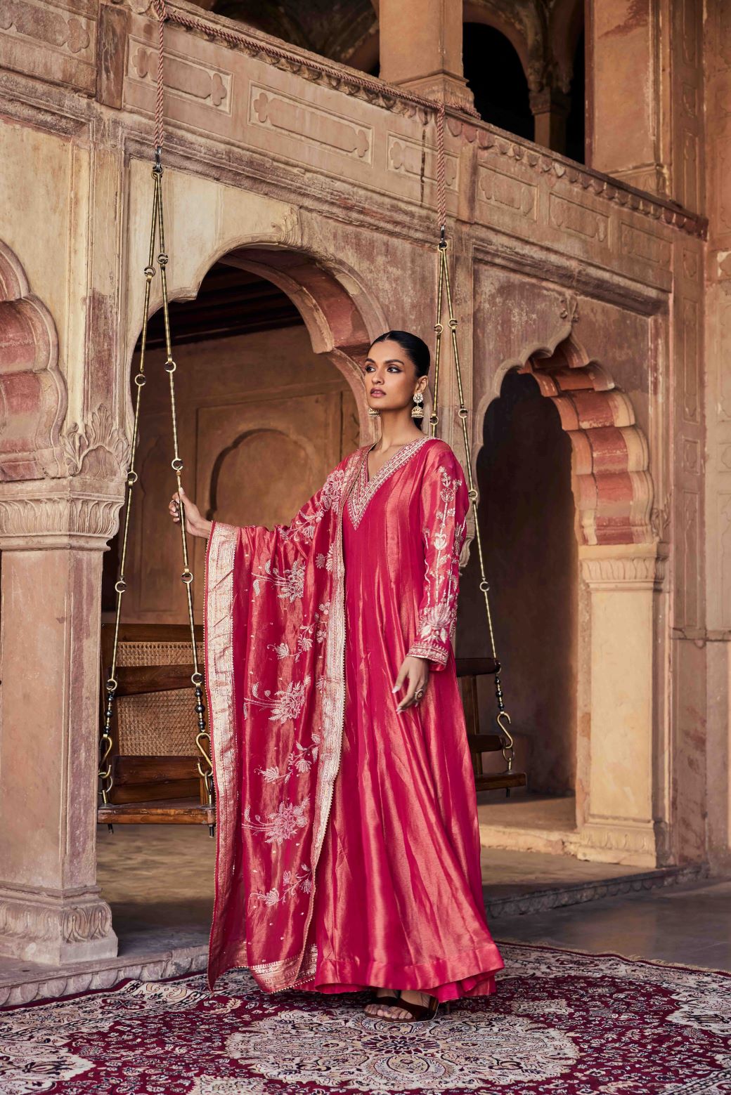 Neerus Red tissue embroidered Anarkali with dupatta - back view
