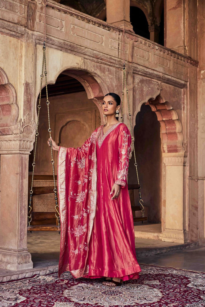 Neerus Red tissue embroidered Anarkali with dupatta - back view