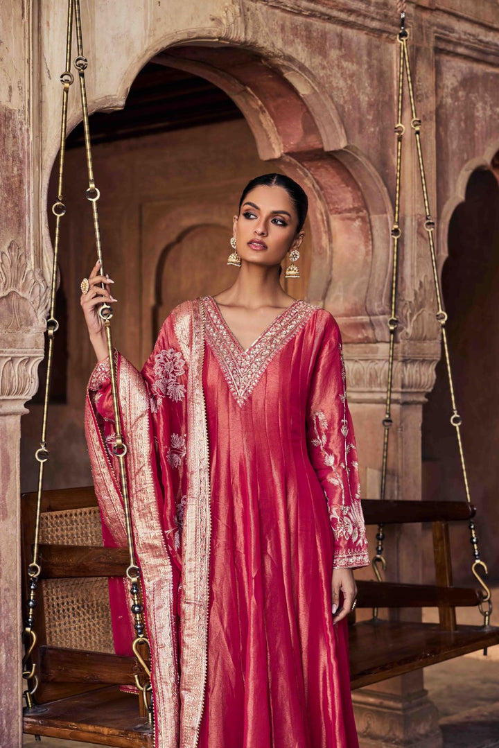 Neerus Red tissue embroidered Anarkali with dupatta - detail view 1