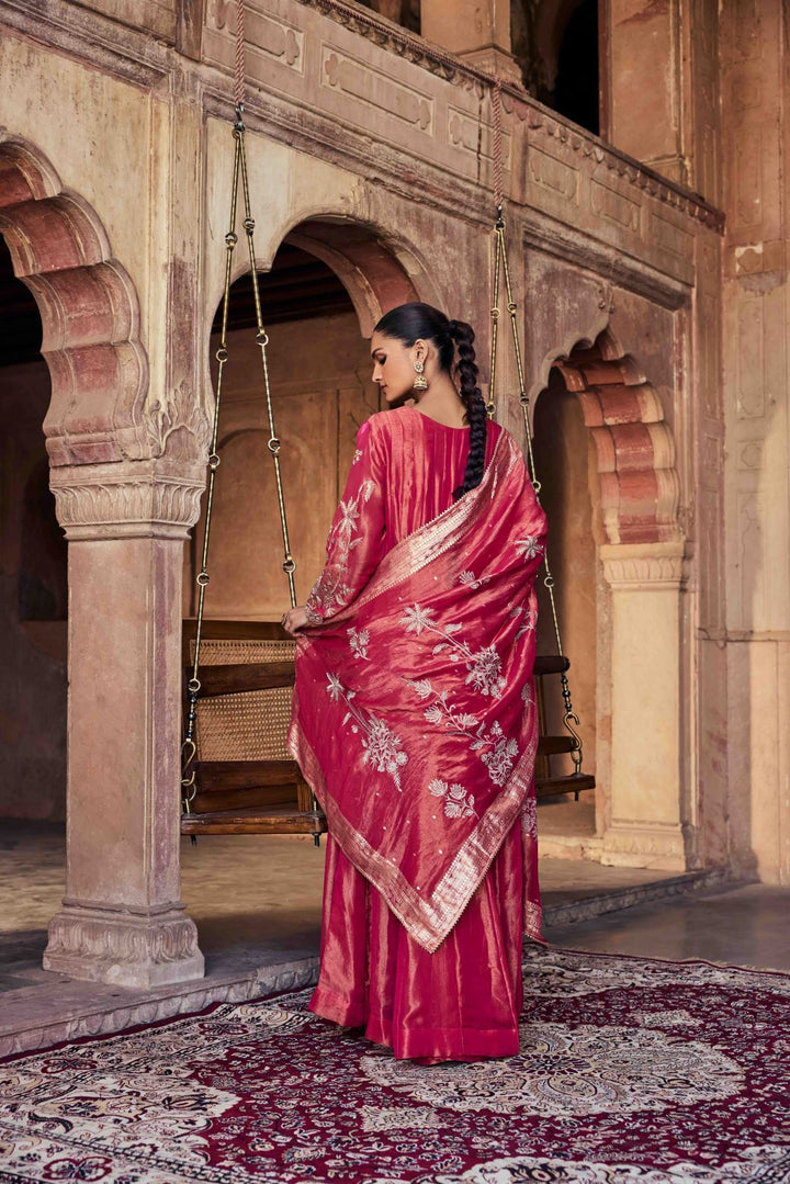 Neerus Red tissue embroidered Anarkali with dupatta - side view