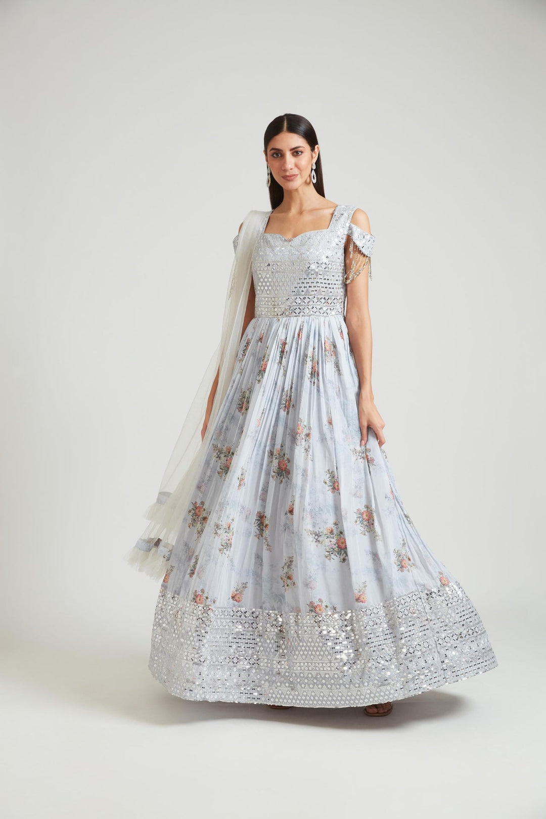 Neerus Grey Georgette Gown - front view