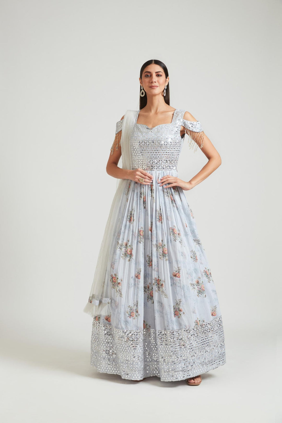 Neerus Grey Georgette Gown - back view