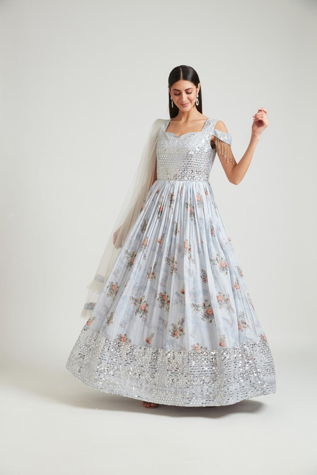 Neerus Grey Georgette Gown - side view