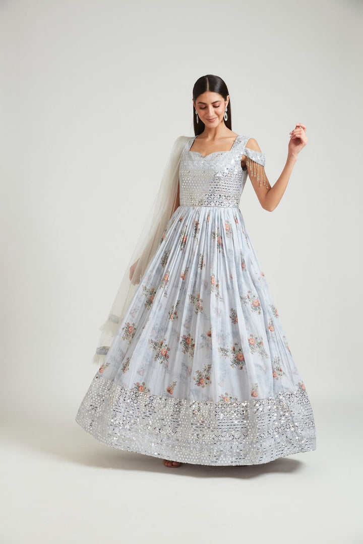 Neerus Grey Georgette Gown - side view
