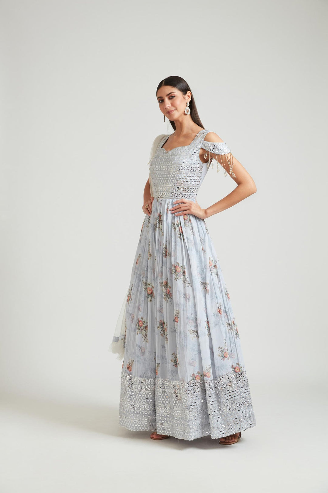 Neerus Grey Georgette Gown - detail view 1