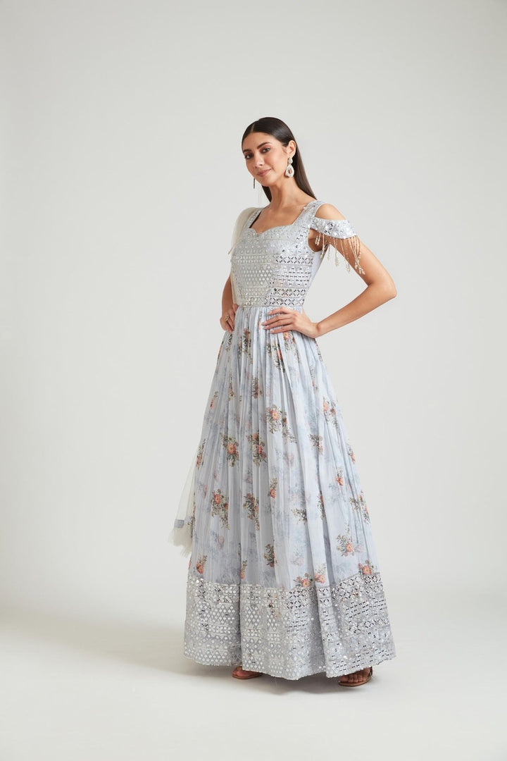 Neerus Grey Georgette Gown - detail view 1