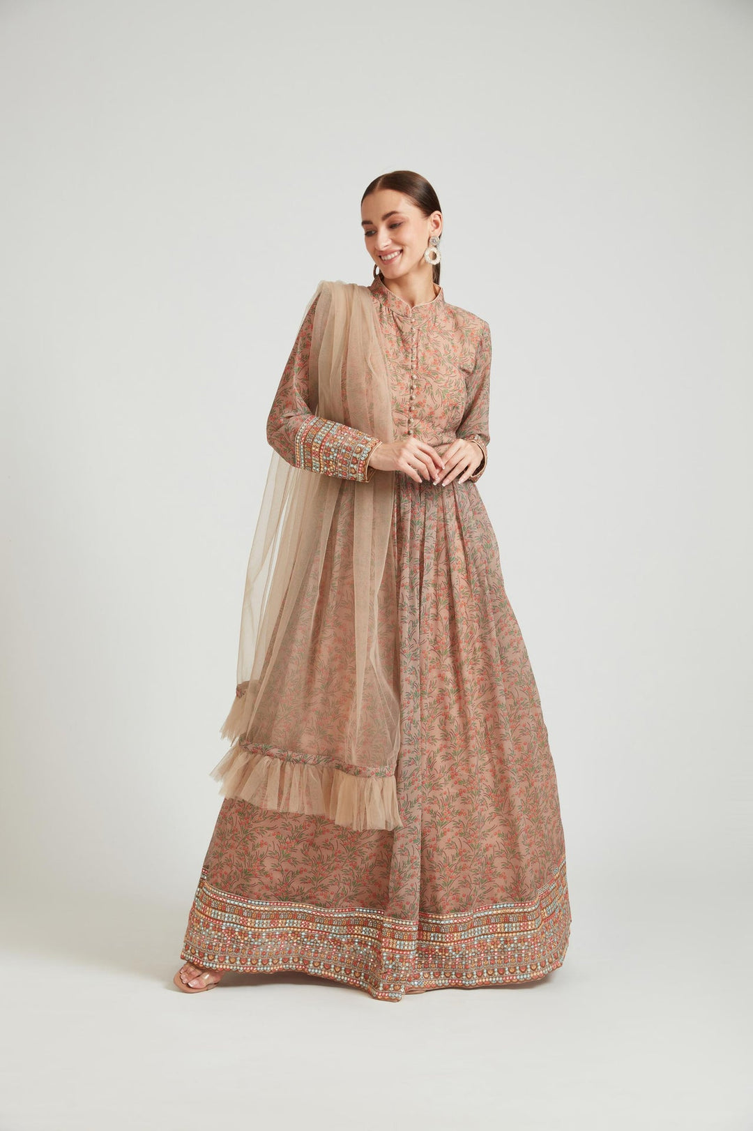 Neerus Beige georgette anarkali ethnic wear - detail view 3