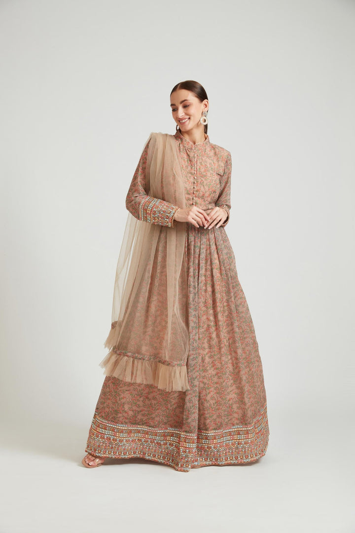 Neerus Beige georgette anarkali ethnic wear - detail view 3