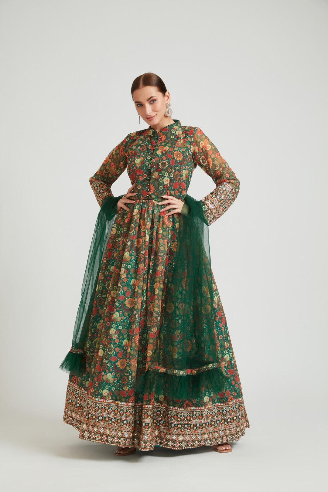 Neerus Green georgette anarkali with dupatta - front view