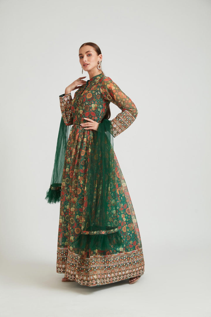 Neerus Green georgette anarkali with dupatta - back view