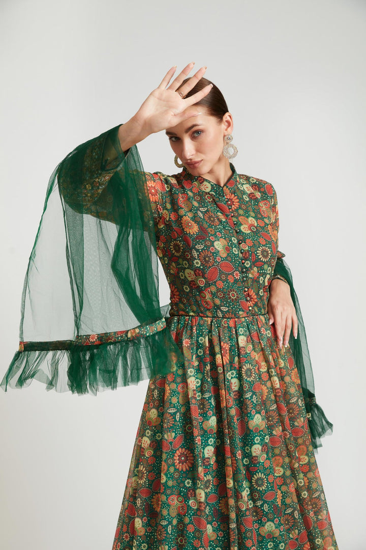 Neerus Green georgette anarkali with dupatta - side view