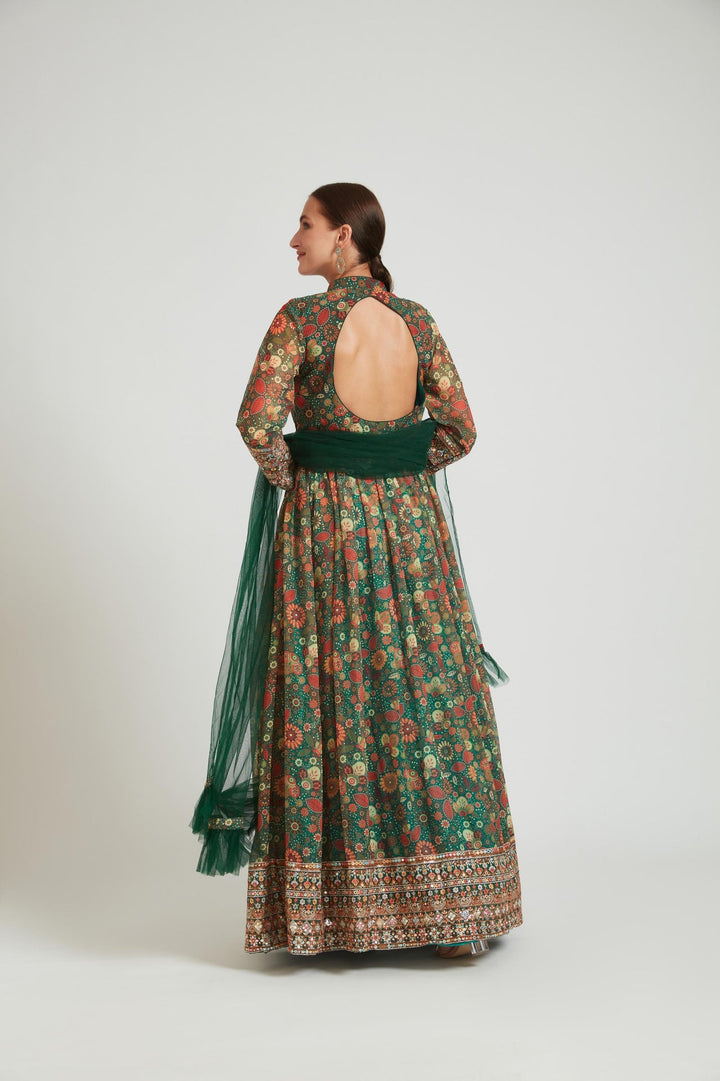 Neerus Green georgette anarkali with dupatta - detail view 1