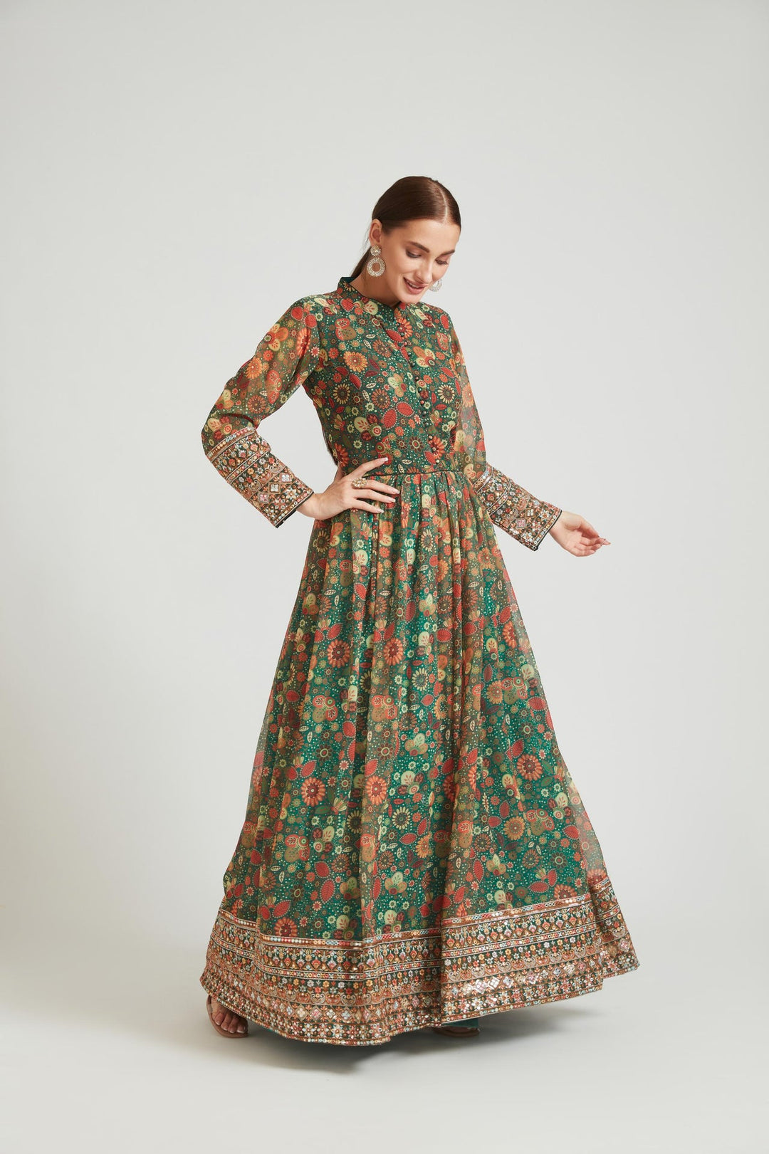 Neerus Green georgette anarkali with dupatta - detail view 2