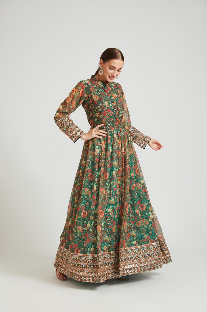 Neerus Green georgette anarkali with dupatta - detail view 2
