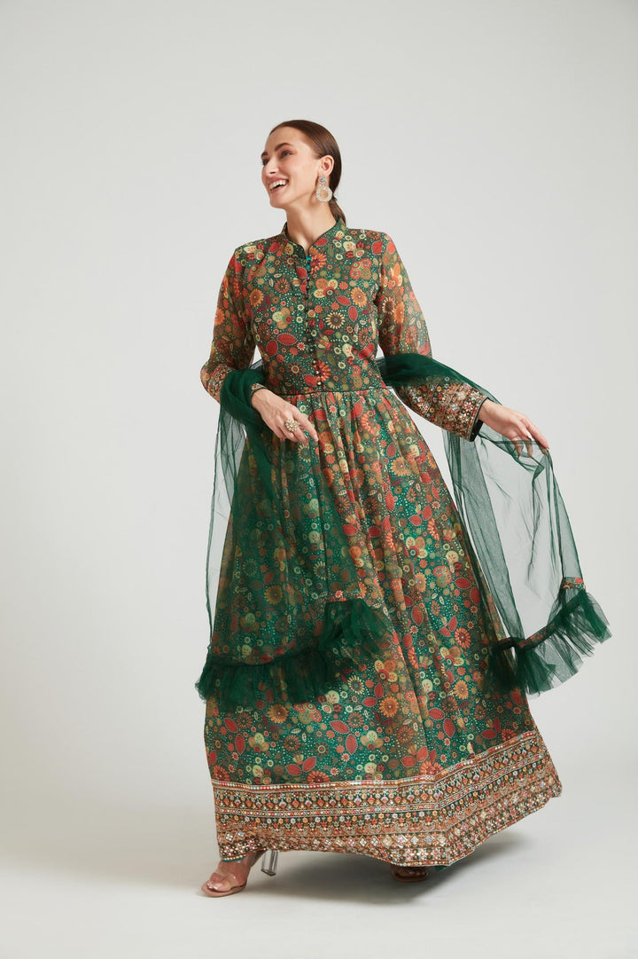 Neerus Green georgette anarkali with dupatta - detail view 3