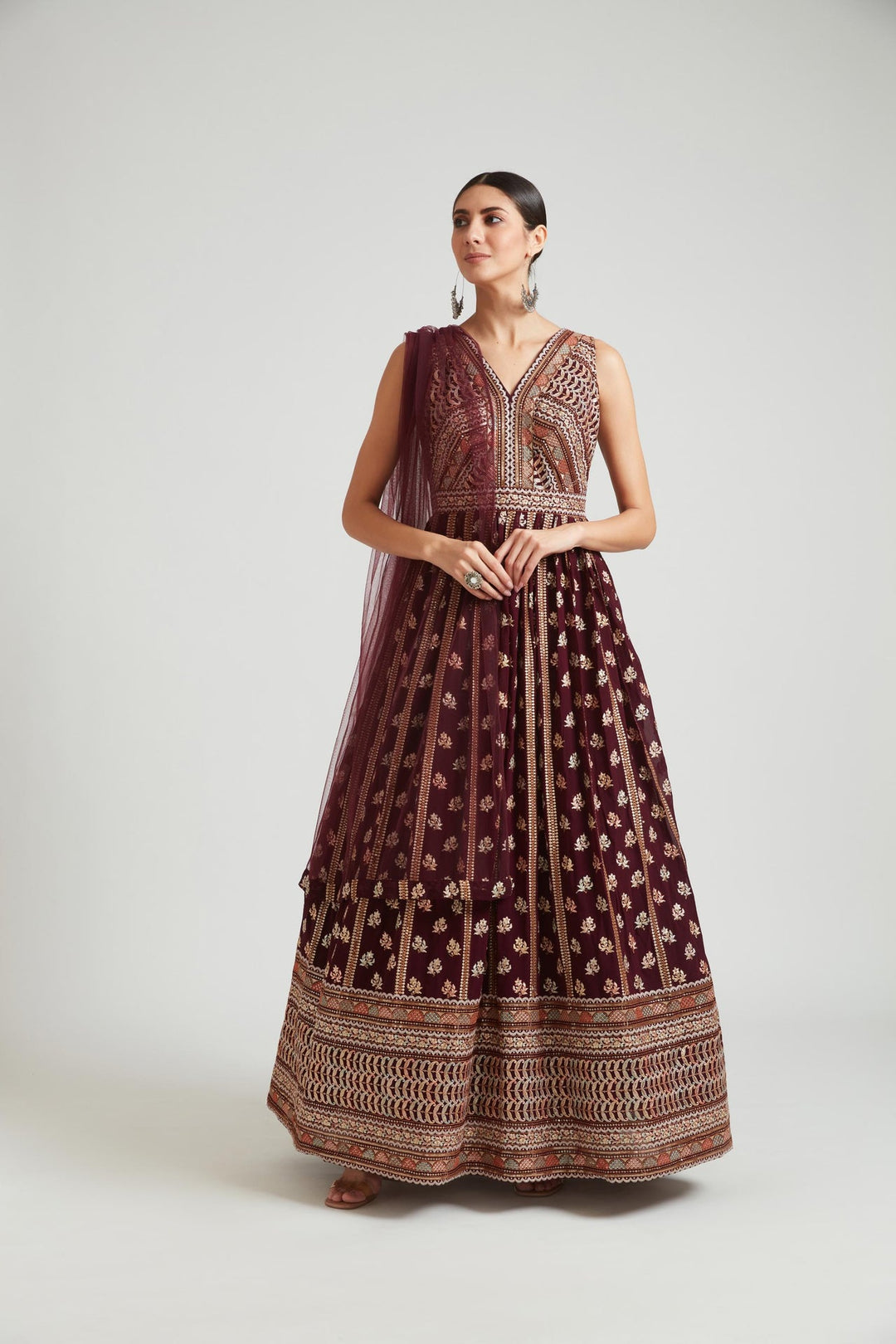 Neerus Maroon georgette maxi gown - front view