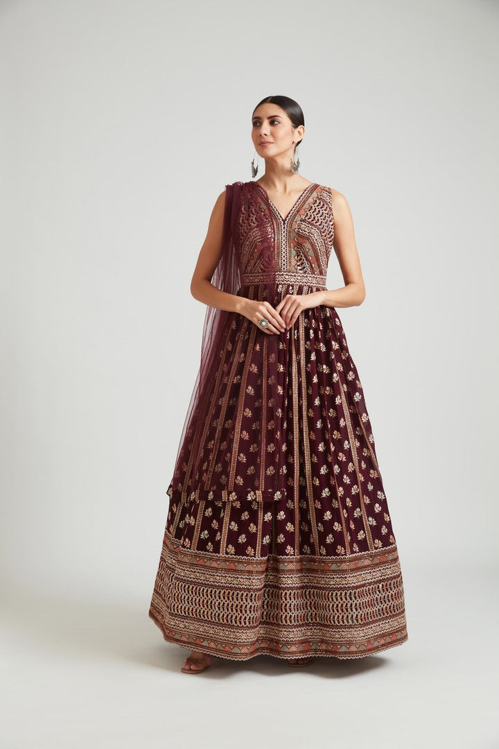 Neerus Maroon georgette maxi gown - front view