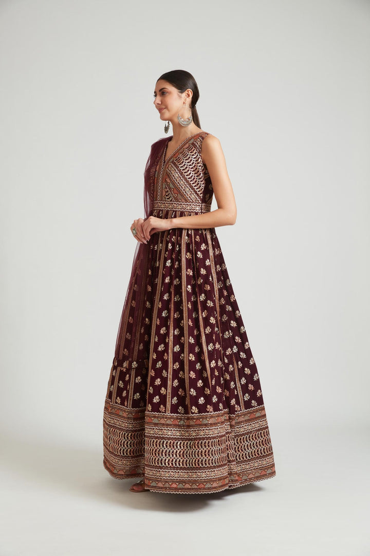 Neerus Maroon georgette maxi gown - side view