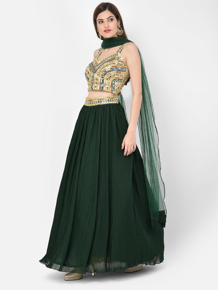 Neerus Green georgette embellished lehenga choli set - front view