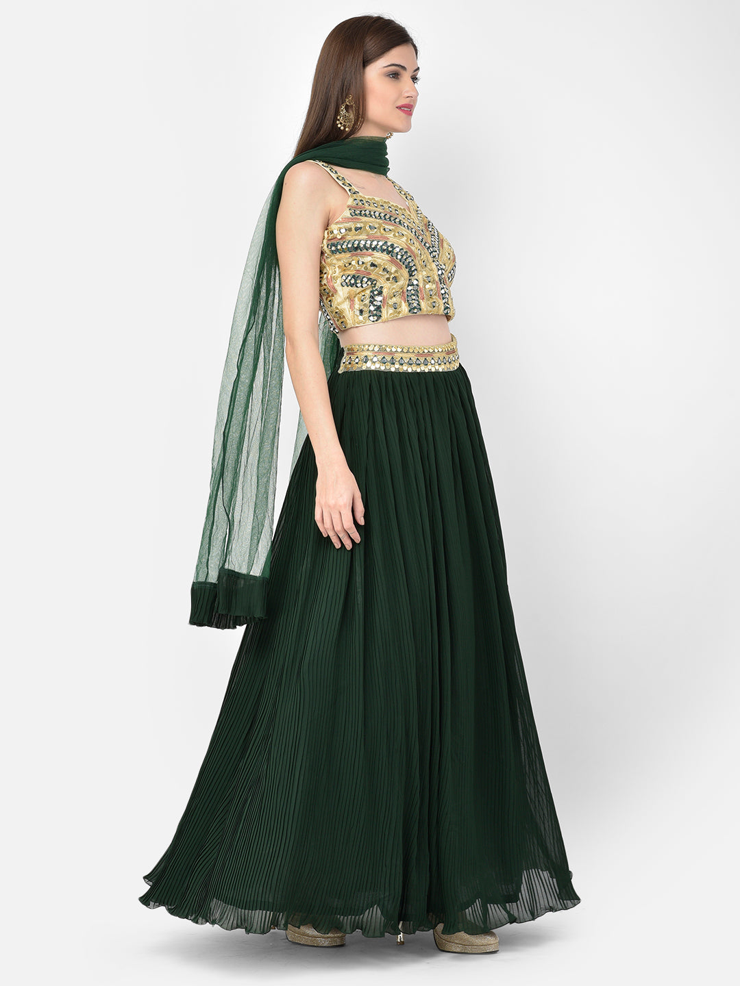 Neerus Green georgette embellished lehenga choli set - back view