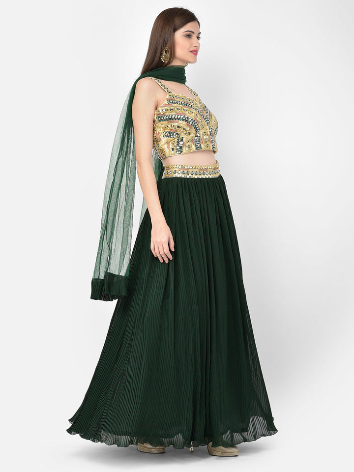 Neerus Green georgette embellished lehenga choli set - back view