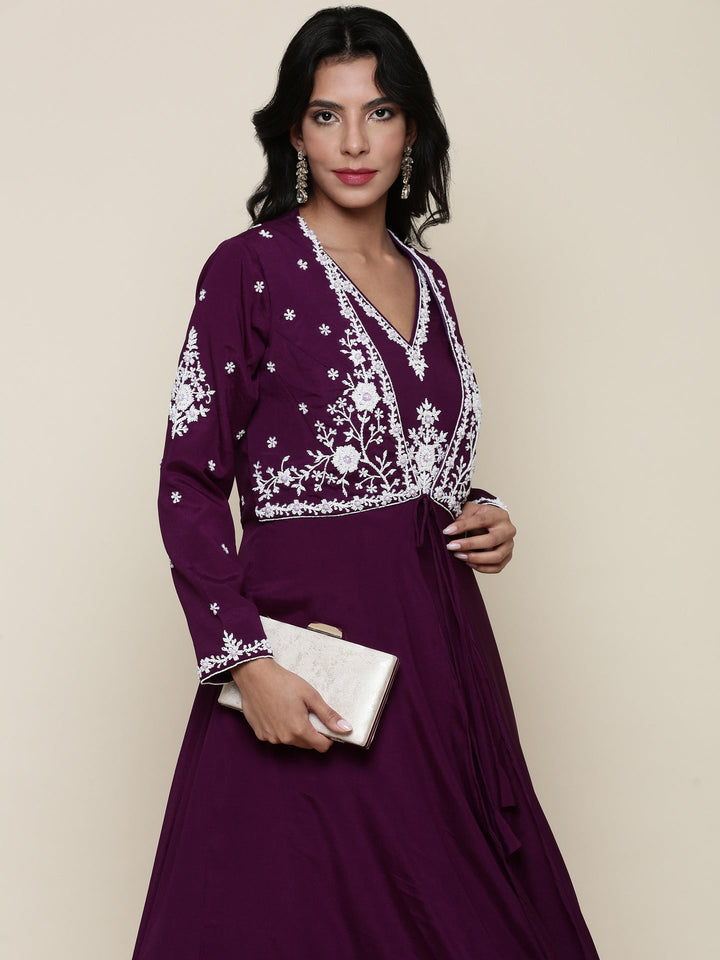 Neerus Purple georgette embellished anarkali jacket set - detail view 3