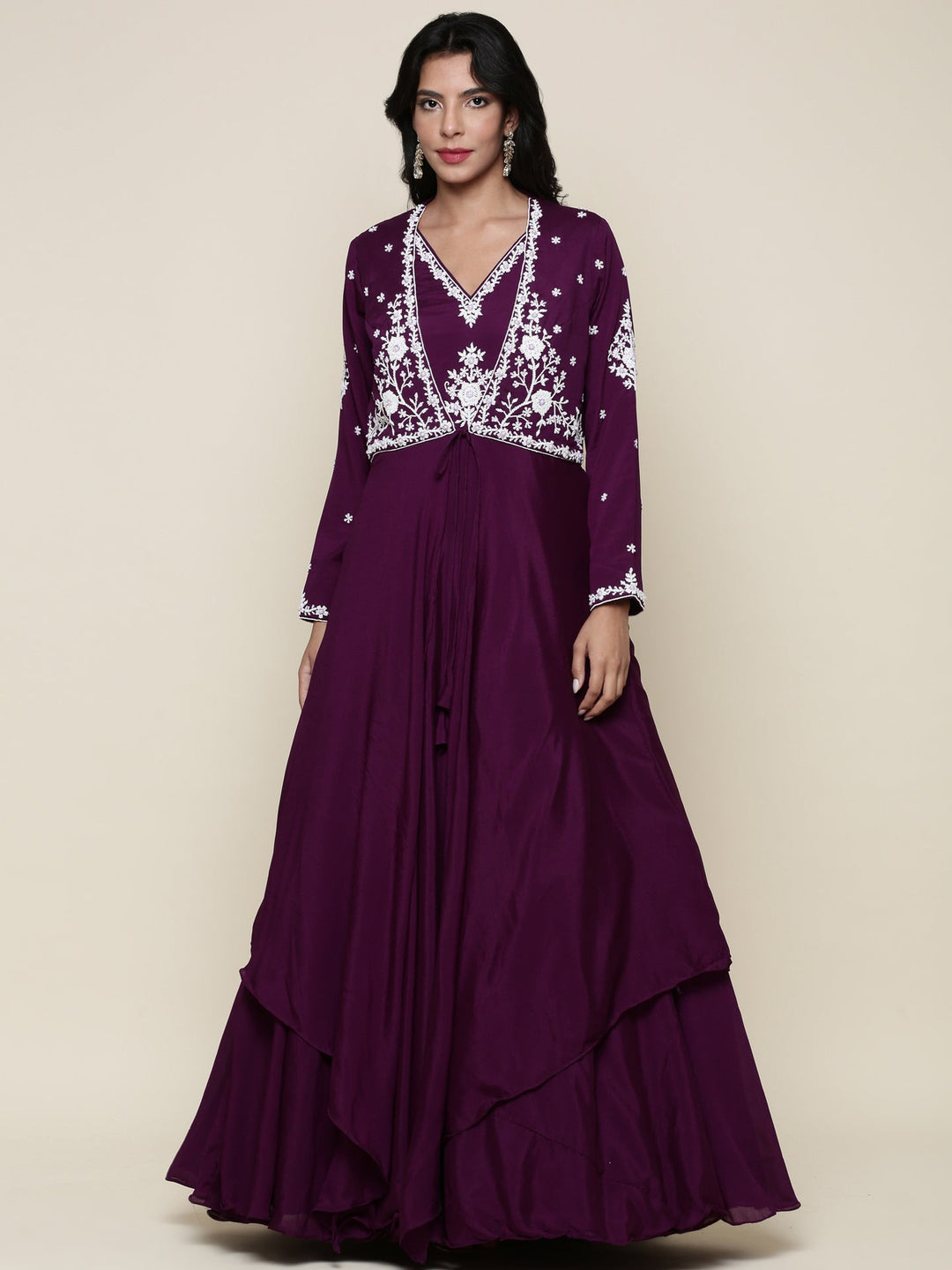 Neerus Purple georgette embellished anarkali jacket set - front view