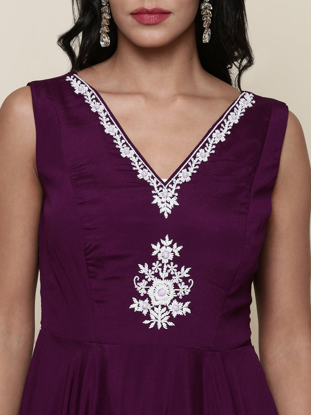 Neerus Purple georgette embellished anarkali jacket set - detail view 1