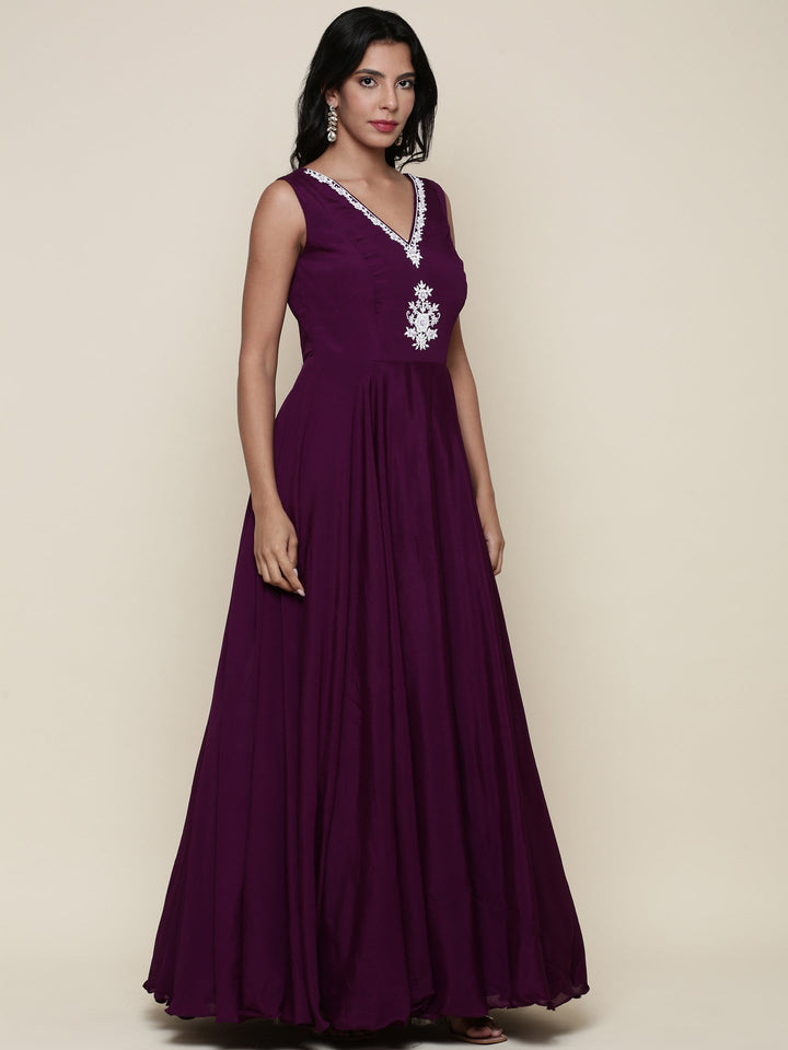 Neerus Purple georgette embellished anarkali jacket set - back view