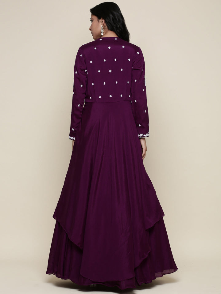 Neerus Purple georgette embellished anarkali jacket set - side view