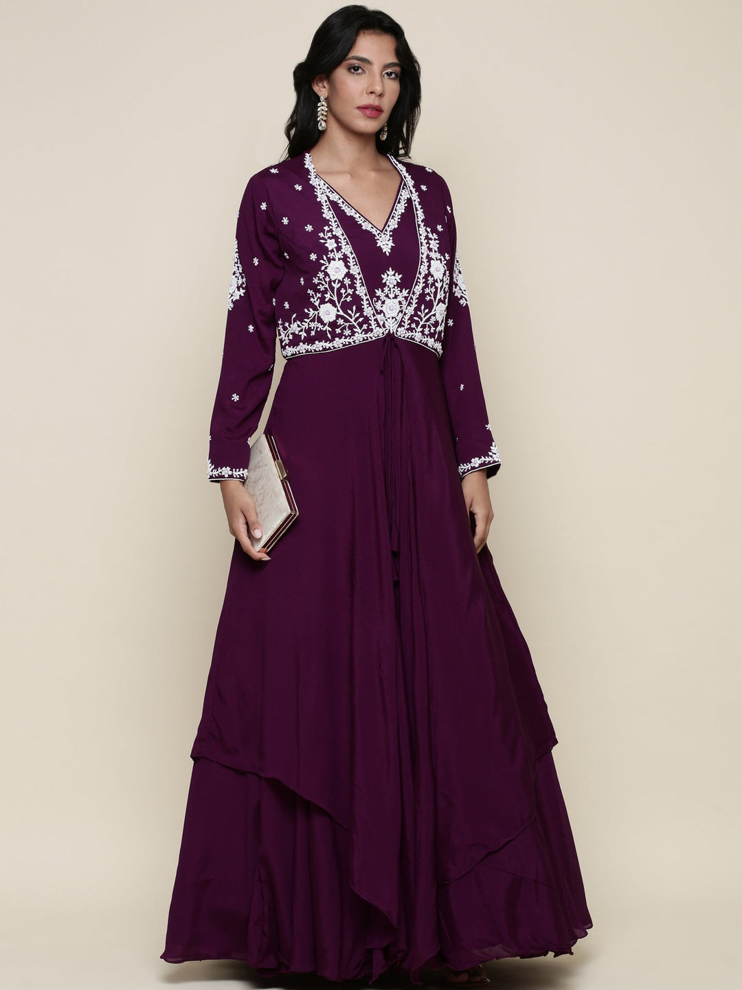 Neerus Purple georgette embellished anarkali jacket set - detail view 2