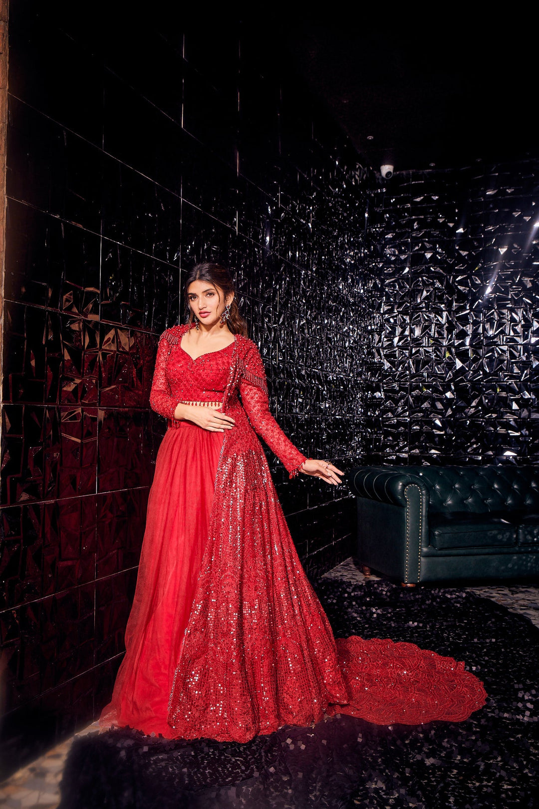 Neerus Red embellished flared lehenga set - front view