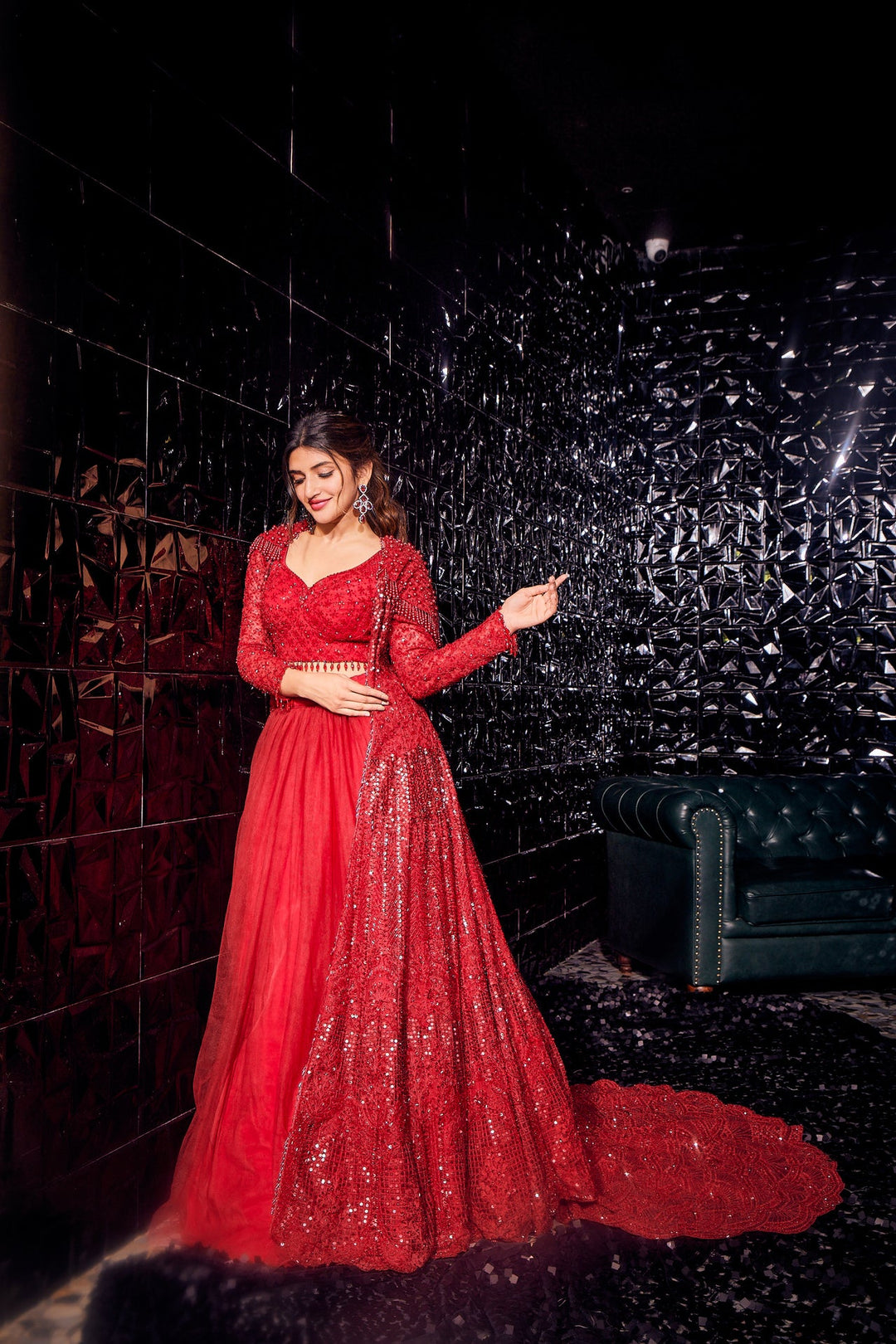 Neerus Red embellished flared lehenga set - side view