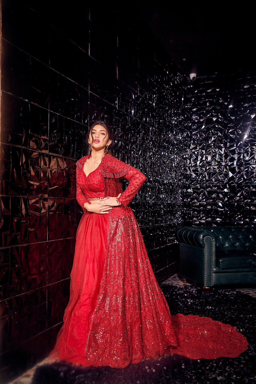 Neerus Red embellished flared lehenga set - detail view 1