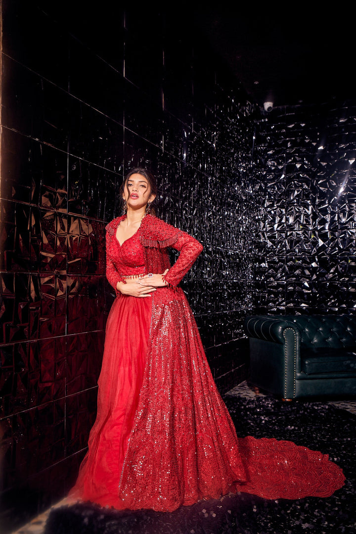 Neerus Red embellished flared lehenga set - detail view 1