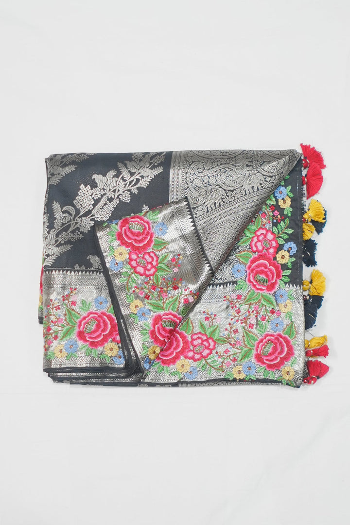 Black Banaras Silk Petite Point Embroidery Saree