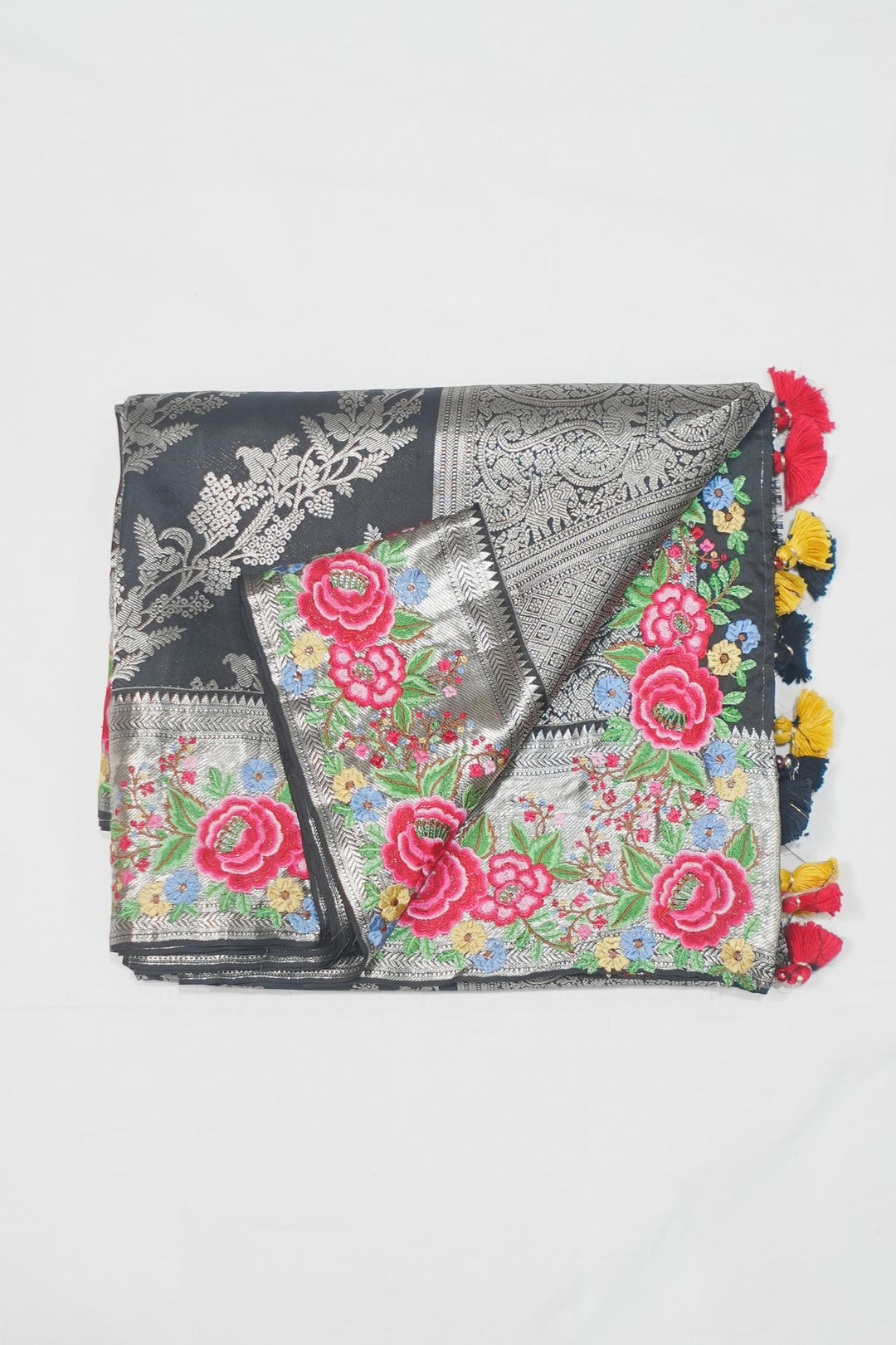 Neerus Black Banarasi embroidered saree - side view