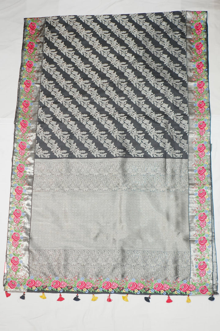 Black Banaras Silk Petite Point Embroidery Saree