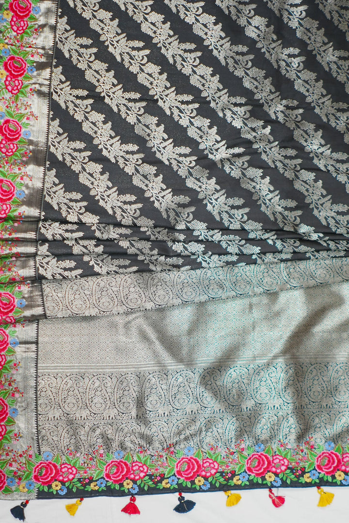 Neerus Black Banarasi embroidered saree - detail view 1