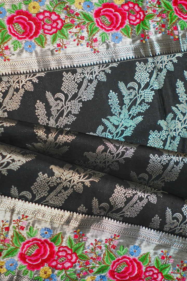 Neerus Black Banarasi embroidered saree - detail view 2
