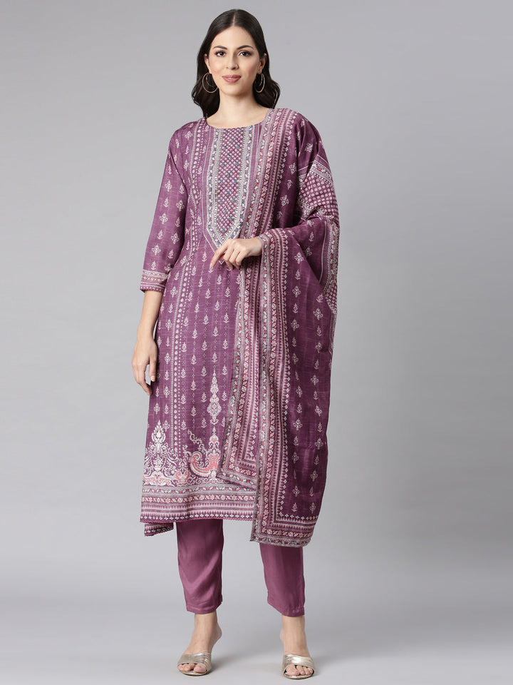 Neerus Purple Printed Kaftan Kurta and Trousers With Dupatta